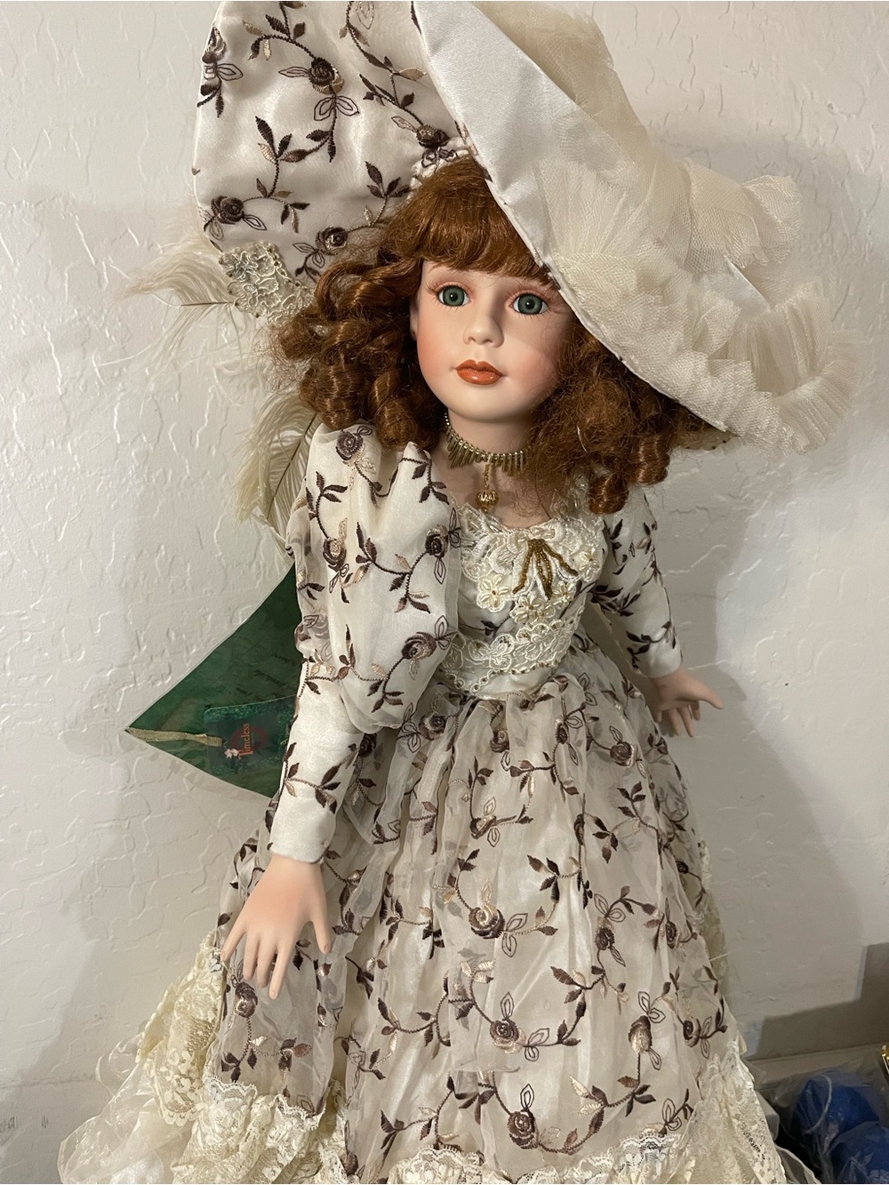 Porcelain Fashion Doll in Cream and Brown Floral Dress